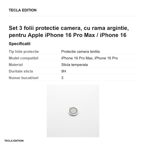 Set 3 folii protectie camera, cu rama argintie, pentru Apple iPhone 16 Pro Max / iPhone 16 Pro [2]