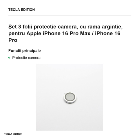 Set 3 folii protectie camera, cu rama argintie, pentru Apple iPhone 16 Pro Max / iPhone 16 Pro [1]