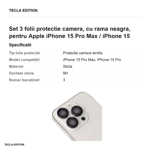 Set 3 folii protectie camera, cu rama neagra, pentru Apple iPhone 15 Pro Max / iPhone 15 Pro [2]
