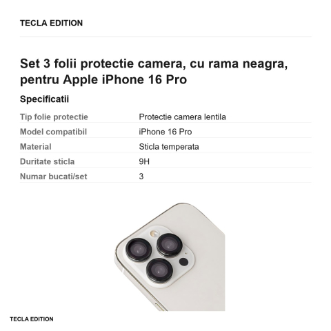 Set 3 folii protectie camera, cu rama neagra, pentru Apple iPhone 16 Pro [2]