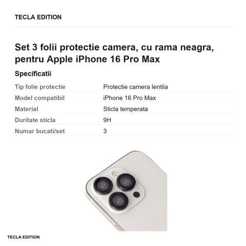 Set 3 folii protectie camera, cu rama neagra, pentru Apple iPhone 16 Pro Max [2]