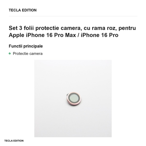 Set 3 folii protectie camera, cu rama roz, pentru Apple iPhone 16 Pro Max / iPhone 16 Pro [1]