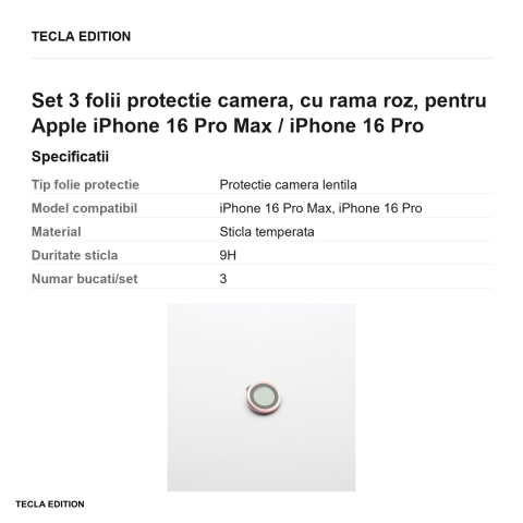 Set 3 folii protectie camera, cu rama roz, pentru Apple iPhone 16 Pro Max / iPhone 16 Pro [2]