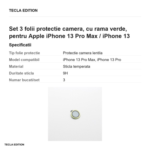 Set 3 folii protectie camera, cu rama verde, pentru Apple iPhone 13 Pro Max / iPhone 13 Pro [2]