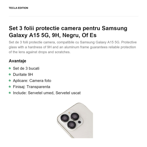 Set 3 folii protectie camera pentru Samsung Galaxy A15 5G, 9H, Negru, Of Es [1]