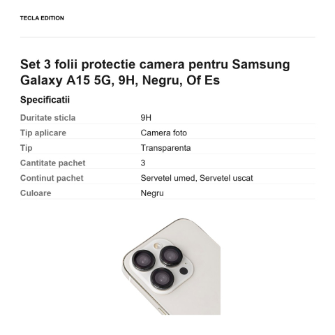 Set 3 folii protectie camera pentru Samsung Galaxy A15 5G, 9H, Negru, Of Es [2]