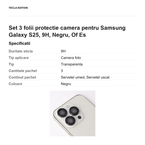 Set 3 folii protectie camera pentru Samsung Galaxy S25, 9H, Negru, Of Es [2]