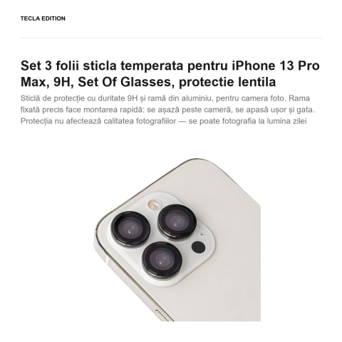 Set 3 folii sticla temperata pentru iPhone 13 Pro Max, 9H, Set Of Glasses, protectie lentila [1]
