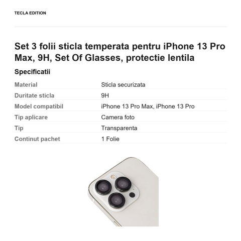 Set 3 folii sticla temperata pentru iPhone 13 Pro Max, 9H, Set Of Glasses, protectie lentila [2]