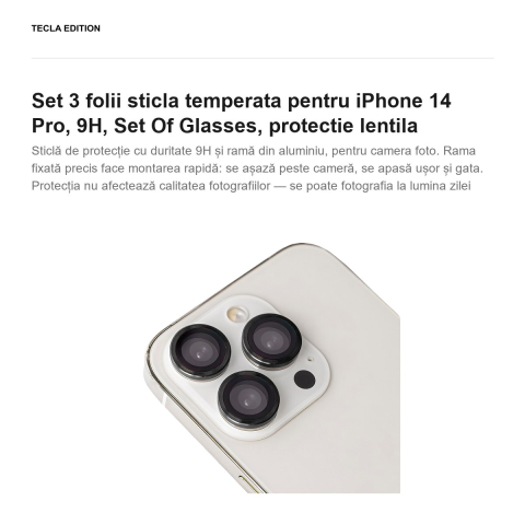 Set 3 folii sticla temperata pentru iPhone 14 Pro, 9H, Set Of Glasses, protectie lentila [1]
