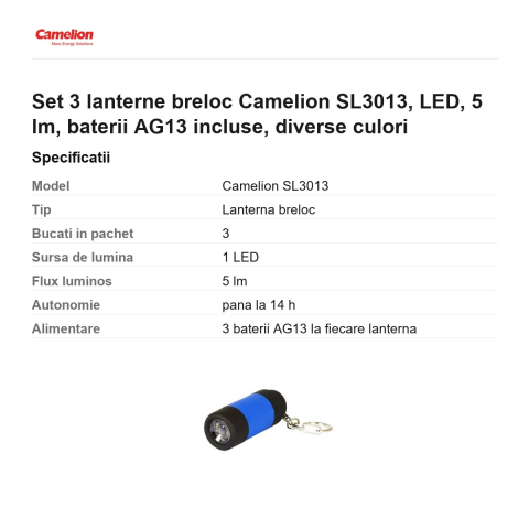 Set 3 lanterne breloc Camelion SL3013, LED, 5 lm, baterii AG13 incluse, diverse culori [2]