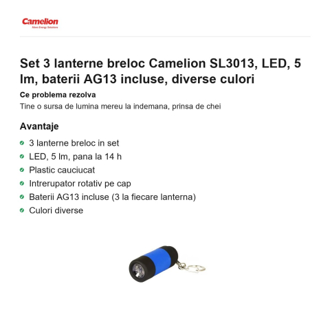 Set 3 lanterne breloc Camelion SL3013, LED, 5 lm, baterii AG13 incluse, diverse culori [1]