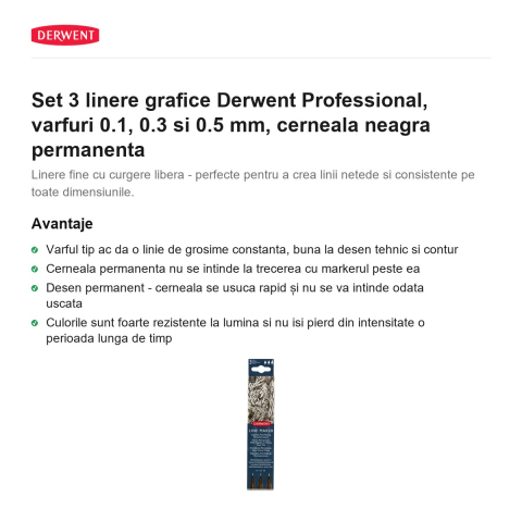 Set 3 linere grafice Derwent Professional, varfuri 0.1, 0.3 si 0.5 mm, cerneala neagra permanenta [1]