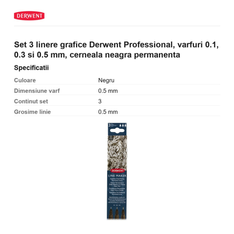 Set 3 linere grafice Derwent Professional, varfuri 0.1, 0.3 si 0.5 mm, cerneala neagra permanenta [2]