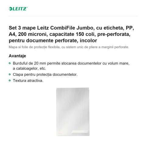 Set 3 mape Leitz CombiFile Jumbo, cu eticheta, PP, A4, 200 microni, capacitate 150 coli, pre-perforata, pentru documente perforate, incolor [1]