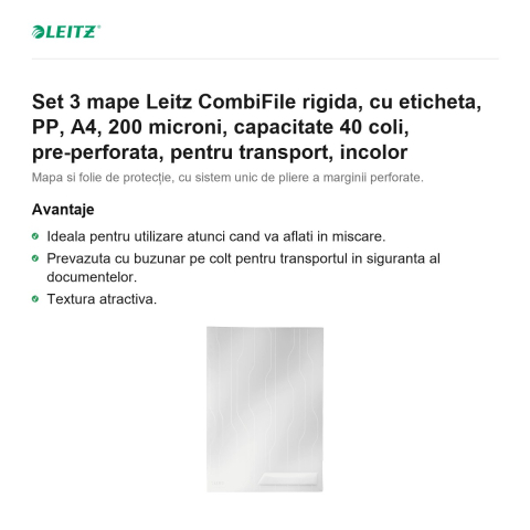 Set 3 mape Leitz CombiFile rigida, cu eticheta, PP, A4, 200 microni, capacitate 40 coli, pre-perforata, pentru transport, incolor [1]
