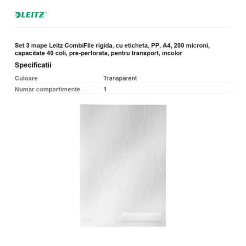 Set 3 mape Leitz CombiFile rigida, cu eticheta, PP, A4, 200 microni, capacitate 40 coli, pre-perforata, pentru transport, incolor [2]