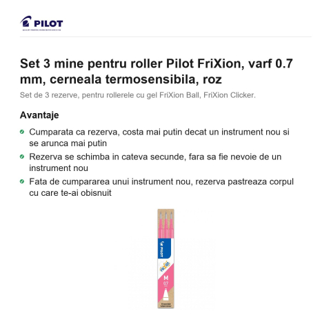 Set 3 mine pentru roller Pilot FriXion, varf 0.7 mm, cerneala termosensibila, roz [1]