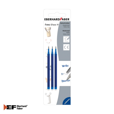 Birotica papetarie - Set 3 mine roller gel Eberhard Faber Erasable Animal, 0.7 mm, albastre, compatibile cu roller erasable