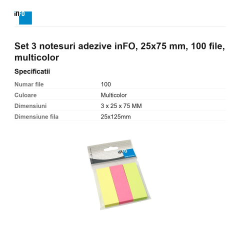Set 3 notesuri adezive inFO, 25x75 mm, 100 file, multicolor [2]