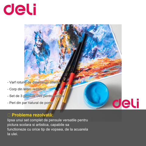 Set 3 pensule Deli par natural de ponei, varfuri rotunde nr 2, 5, 8, pentru pictura acrilica, acuarela si ulei [1]