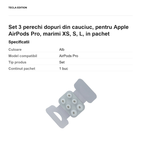 Set 3 perechi dopuri din cauciuc, pentru Apple AirPods Pro, marimi XS, S, L, in pachet [2]