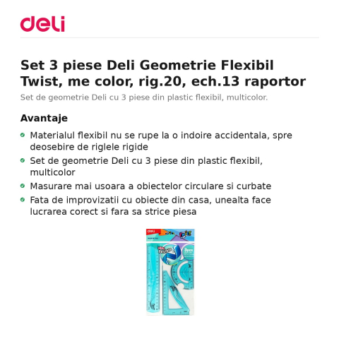 Set 3 piese Deli Geometrie Flexibil Twist, me color, rig.20, ech.13 raportor [1]