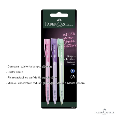 Set 3 pixuri roller semi-gel retractabile Faber-Castell RX5, varf 0.5mm, corp pastel, cerneala albastra [1]