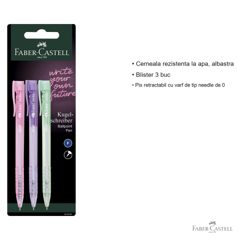 Set 3 pixuri roller semi-gel retractabile Faber-Castell RX5, varf 0.5mm, corp pastel, cerneala albastra [2]