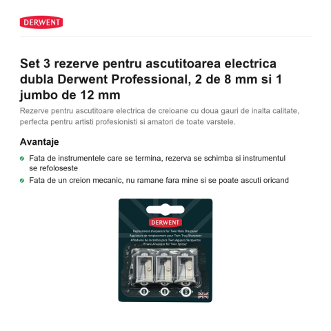 Set 3 rezerve pentru ascutitoarea electrica dubla Derwent Professional, 2 de 8 mm si 1 jumbo de 12 mm [1]