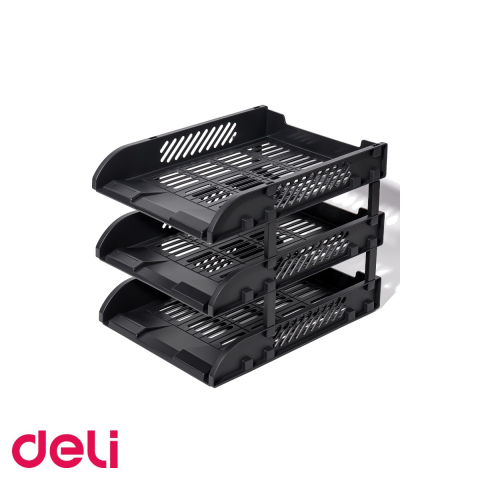 Organizatoare si suporturi de birou - Set 3 tavite suprapozabile Deli, cu distantier, material PP rezistent, pentru organizare documente birou