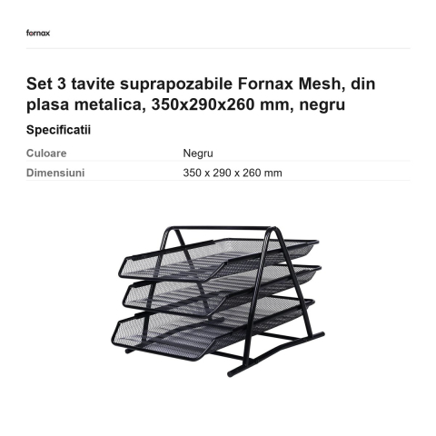 Set 3 tavite suprapozabile Fornax Mesh, din plasa metalica, 350x290x260 mm, negru [2]