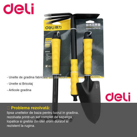 Set 3 unelte de gradinarit Deli, otel crom tratat termic, sapaliga lopatica grebla [1]