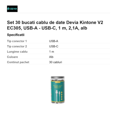 Set 30 bucati cablu de date Devia Kintone V2 EC305, USB-A - USB-C, 1 m, 2,1A, alb [2]
