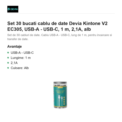 Set 30 bucati cablu de date Devia Kintone V2 EC305, USB-A - USB-C, 1 m, 2,1A, alb [1]