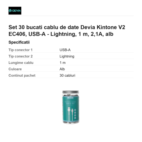 Set 30 bucati cablu de date Devia Kintone V2 EC406, USB-A - Lightning, 1 m, 2,1A, alb [2]
