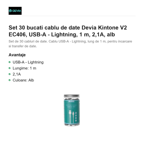 Set 30 bucati cablu de date Devia Kintone V2 EC406, USB-A - Lightning, 1 m, 2,1A, alb [1]