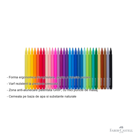 Set 30 carioci Faber-Castell Grip, forma ergonomica triunghiulara, cerneala pe baza de apa, pentru copii si scoala [1]