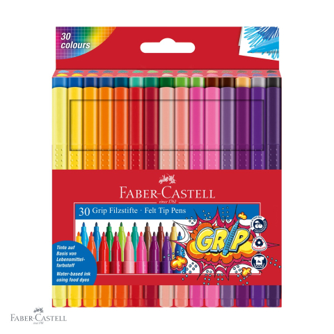 Carioci - Set 30 carioci Faber-Castell Grip, forma ergonomica triunghiulara, cerneala pe baza de apa, pentru copii si scoala