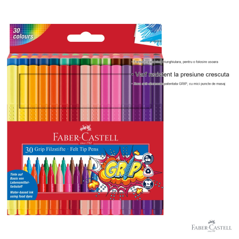 Set 30 carioci Faber-Castell Grip, forma ergonomica triunghiulara, cerneala pe baza de apa, pentru copii si scoala [2]