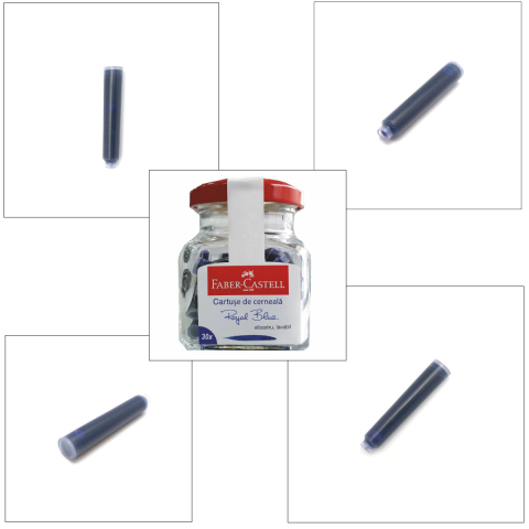 Set 30 Cartuse Cerneala Albastru Royal pentru Stilou, Care Poate fi Stearsa, Faber-Castell, in Borcan pentru Depozitare, Standard International [3]