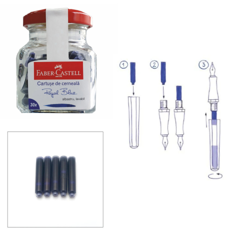 Set 30 Cartuse Cerneala Albastru Royal pentru Stilou, Care Poate fi Stearsa, Faber-Castell, in Borcan pentru Depozitare, Standard International [4]
