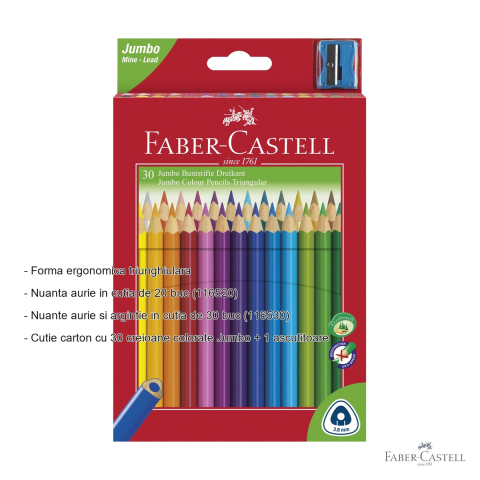 Set 30 creioane colorate Jumbo Faber-Castell, forma triunghiulara ergonomica + ascutitoare, pentru copii [1]