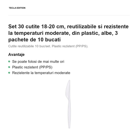 Set 30 cutite 18-20 cm, reutilizabile si rezistente la temperaturi moderate, din plastic, albe, 3 pachete de 10 bucati [1]