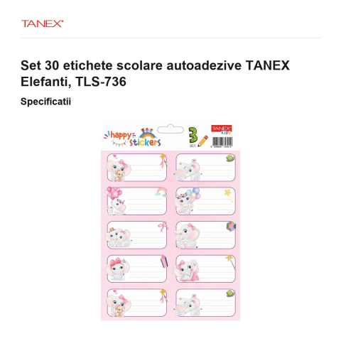 Set 30 etichete scolare autoadezive TANEX Elefanti, TLS-736 [2]