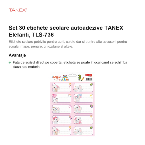 Set 30 etichete scolare autoadezive TANEX Elefanti, TLS-736 [1]