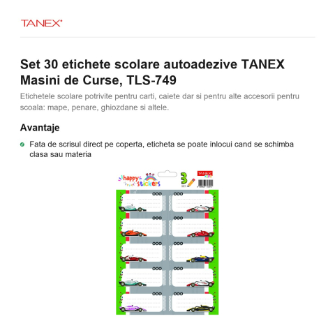 Set 30 etichete scolare autoadezive TANEX Masini de Curse, TLS-749 [1]
