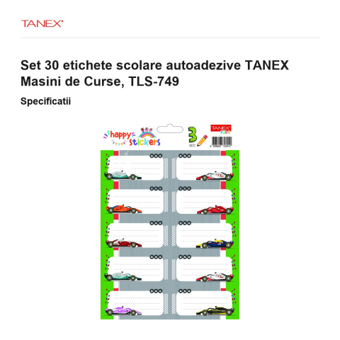 Set 30 etichete scolare autoadezive TANEX Masini de Curse, TLS-749 [2]