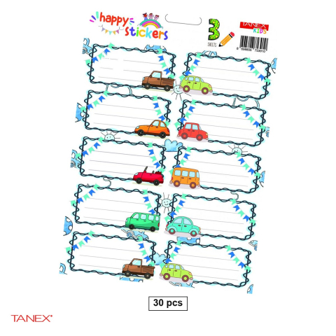 Birotica papetarie - Set 30 etichete scolare autoadezive TANEX Masini, TLS-753