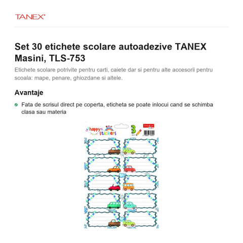 Set 30 etichete scolare autoadezive TANEX Masini, TLS-753 [1]